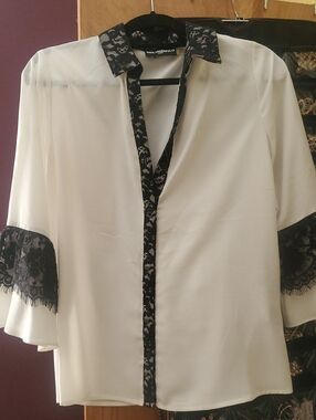Karl Lagerfeld White Blouse with Black Lace Trim